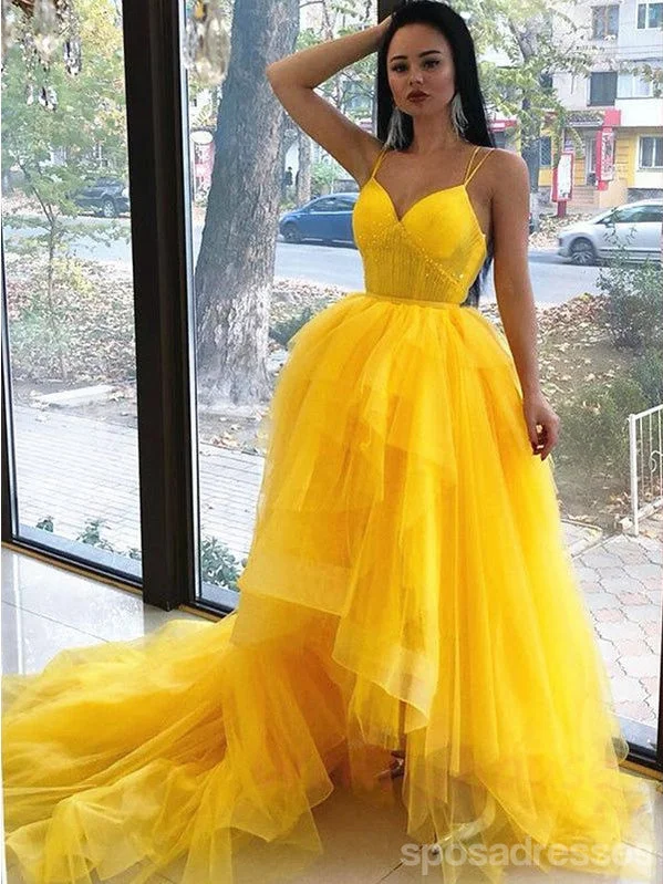 Yellow A-line Spaghetti Straps High Low Cheap Maxi Long Prom Dresses,13258