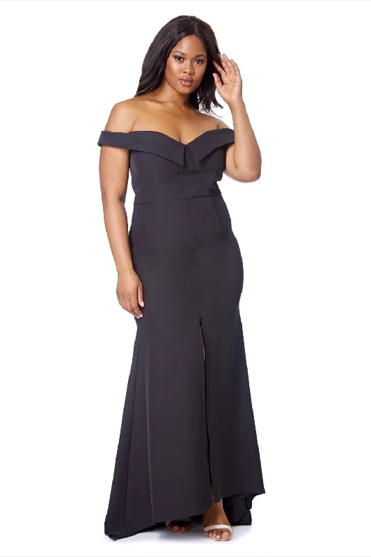 Autumn Bardot Maxi Dress With Thigh Split And Train Detail