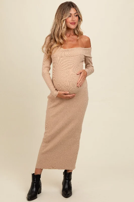 Beige Foldover One Shoulder Maternity Maxi Sweater Dress