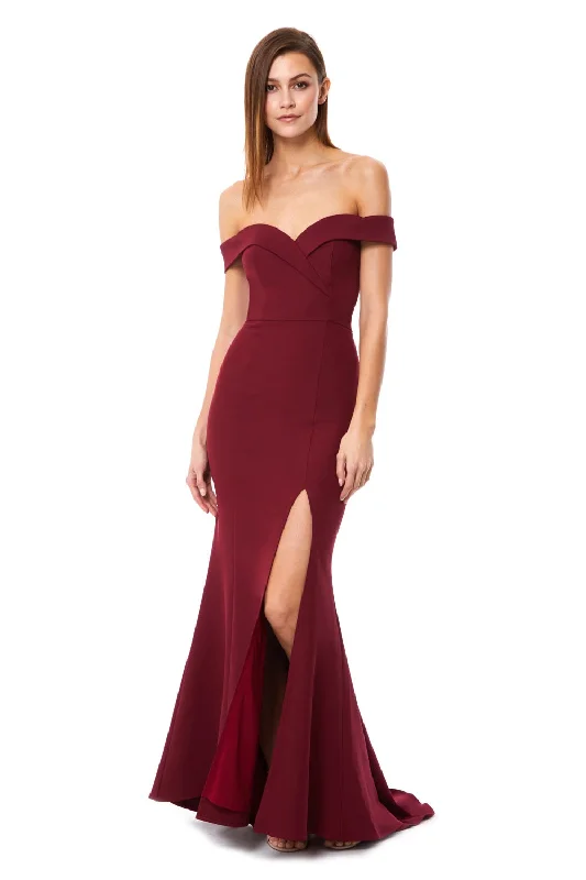 Bella Bardot Maxi Dress With Thigh Split And Train