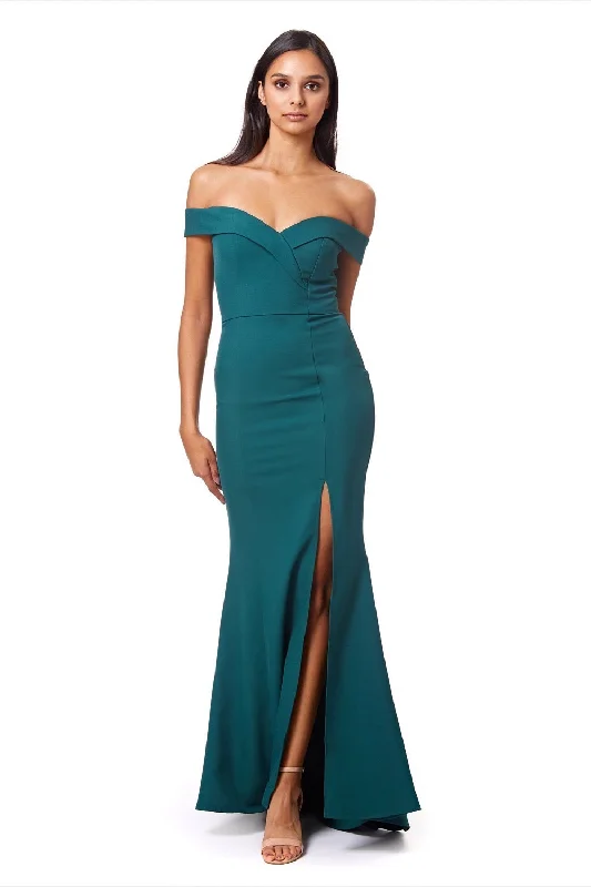 Bella Bardot Maxi Dress With Thigh Split And Train