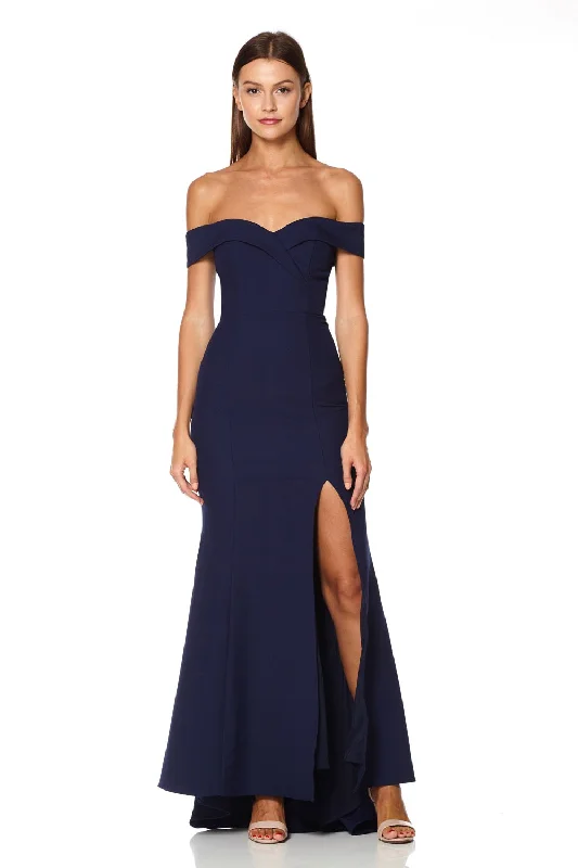 Bella Bardot Maxi Dress With Thigh Split And Train