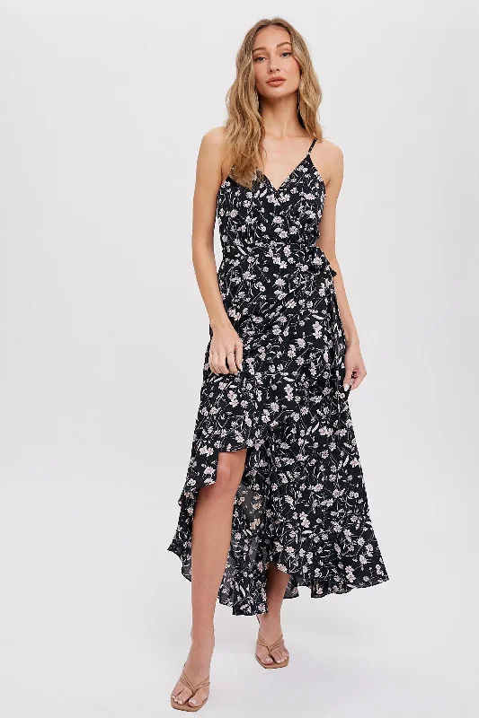 Black Floral Flounce Hi-Lo Wrap Maxi Dress