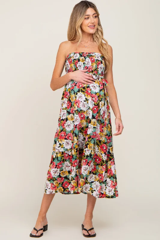 Black Floral Smocked Strapless Maternity Midi Dress