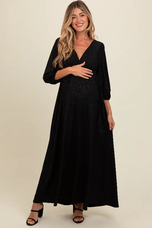 Black Glitter V-Neck Maternity Maxi Dress