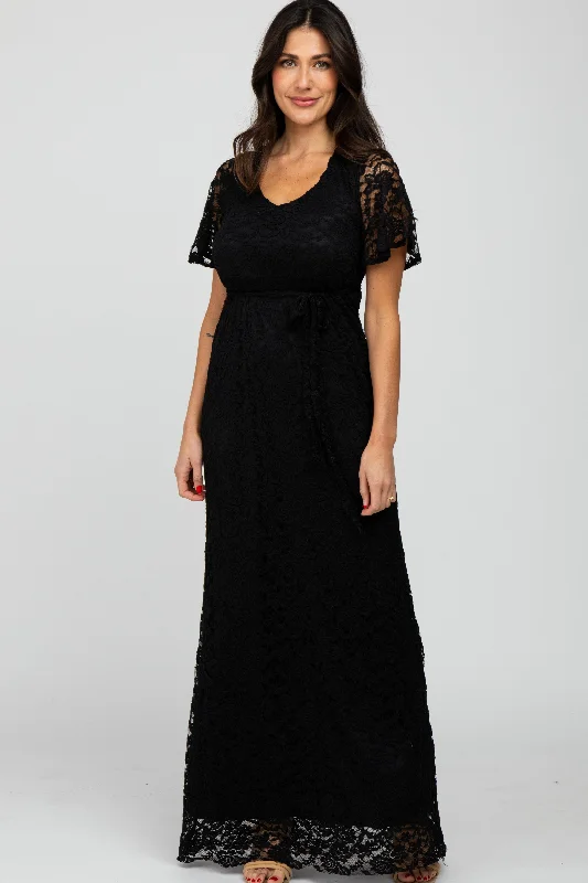 Black Lace Front Tie Maxi Dress