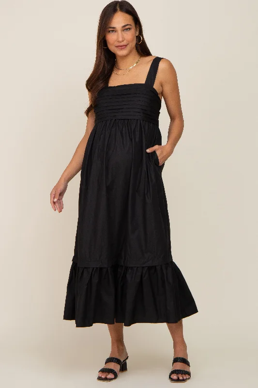 Black Pleated Back Tie Maternity Midi Dress