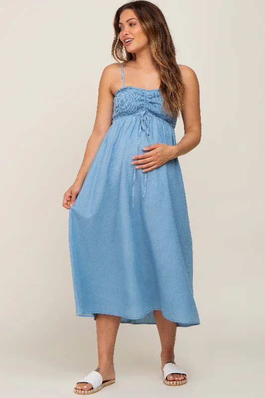 Blue Chambray Cinched Smocked Maternity Midi Dress