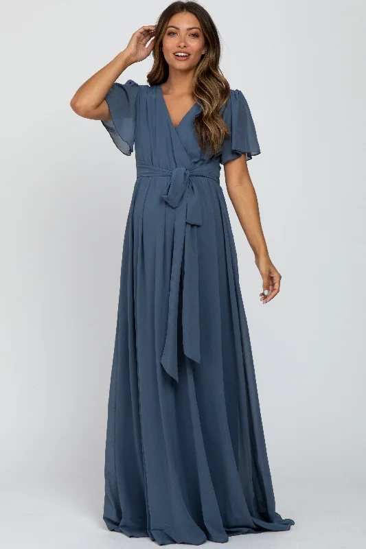 Blue Chiffon Short Sleeve Maternity Maxi Dress