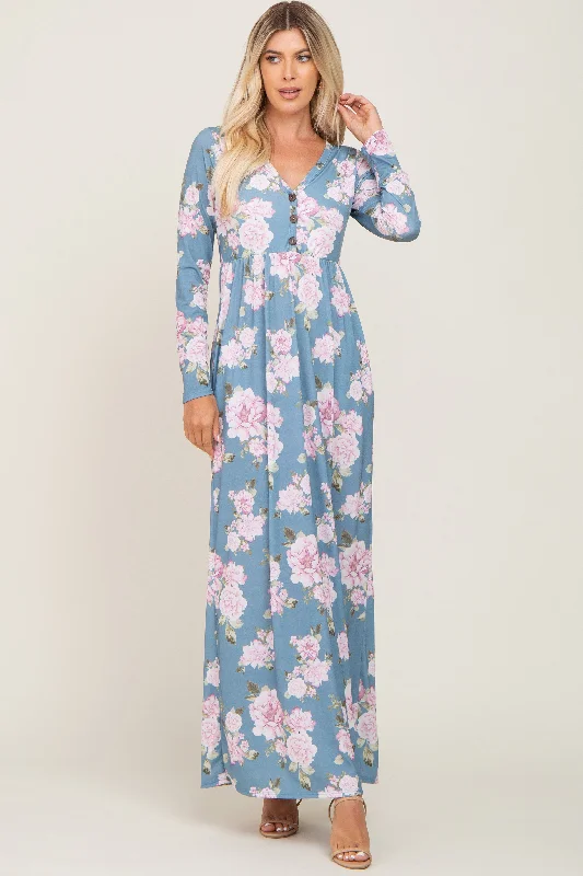 Blue Floral Button Front Maxi Dress