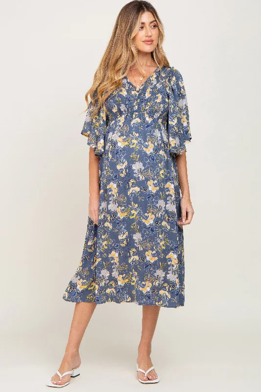 Blue Floral Smocked Flowy Half Sleeve Maternity Midi Dress