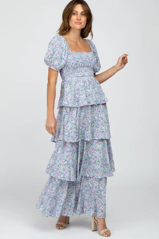 Blue Floral Square Neck Ruffle Layered Maxi Dress