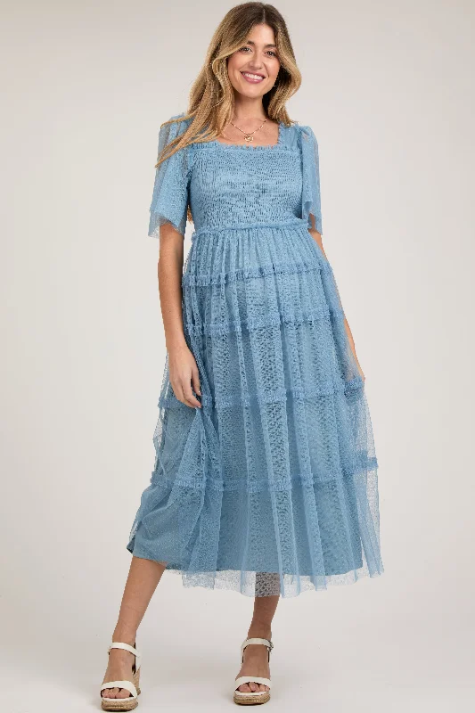 Blue Ruffled Mesh Maternity Maxi Dress