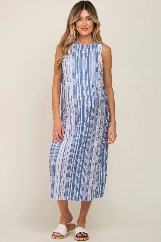 Blue Striped Sleeveless Maternity Midi Dress