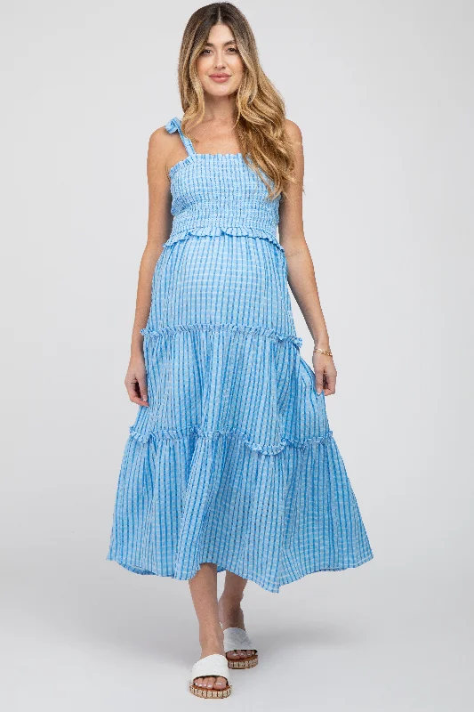 Blue Striped Smocked Shoulder Tie Maternity Midi Dress