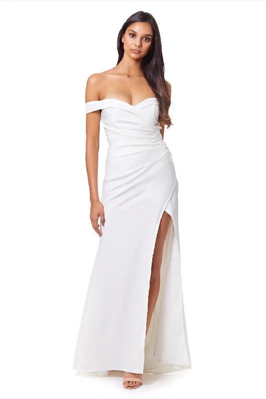 Bluebell Bardot Maxi Dress With Thigh Split And Button Back