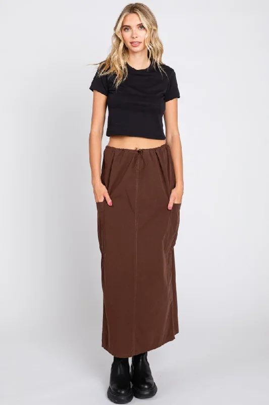 Brown Drawstring Pocket Maxi Skirt