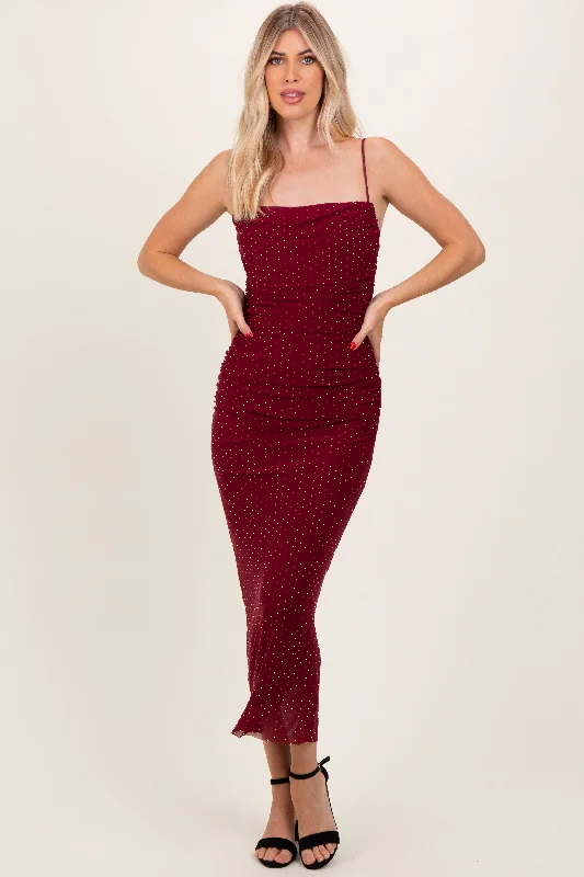 Burgundy Rhinestone Fitted Ruched Maxi Dress