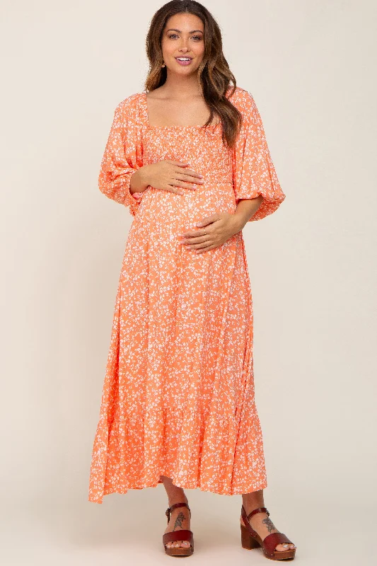 Coral Floral Smocked Tie Back Maternity Midi Dress