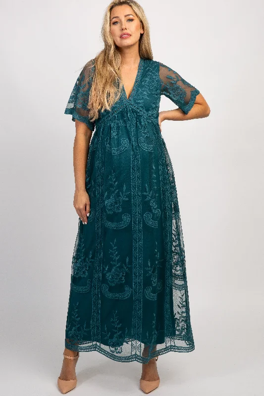 Dark Turquoise Lace Mesh Overlay Maternity Maxi Dress