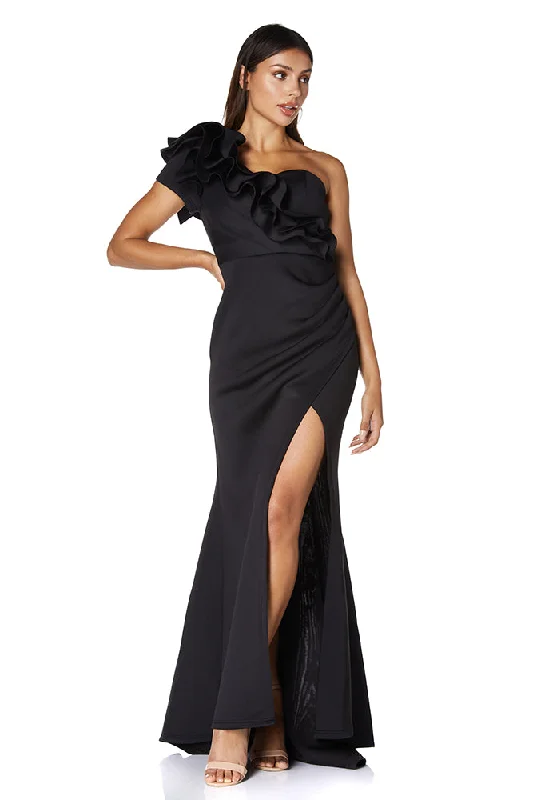 Eden Front Ruffle One Shoulder Scuba Maxi Dress With Thigh Split