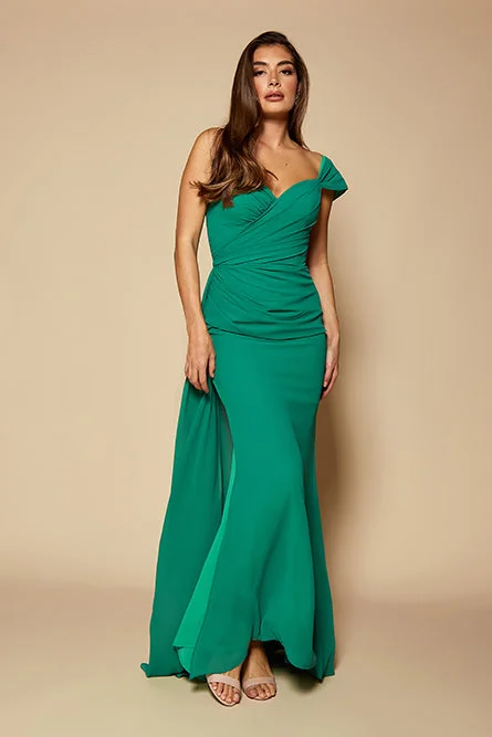 Emery Chiffon Ruched Maxi Dress with One Shoulder Sleeve