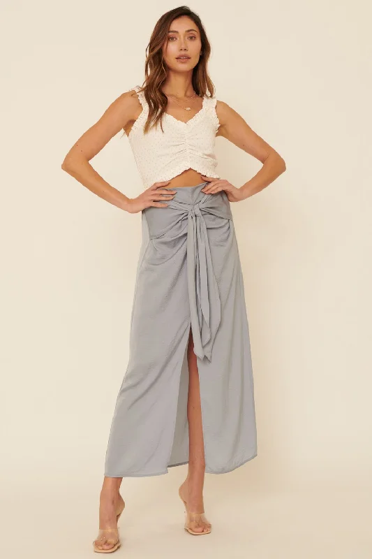 Faded Denim Woven Tie Waist Front Slit Straight Maxi Skirt