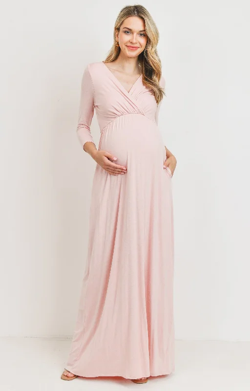 3/4 Sleeve Surplice Maternity/Nursing Maxi Dress