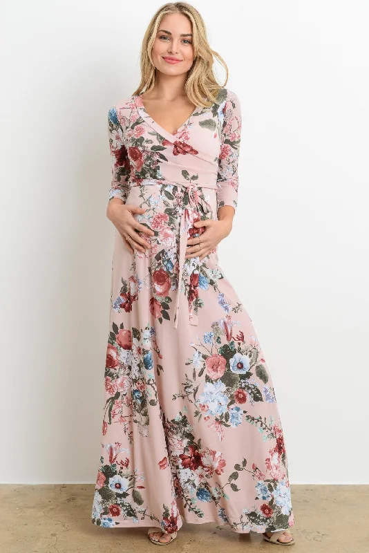 Floral Faux Wrap Maternity & Nursing Maxi Dress