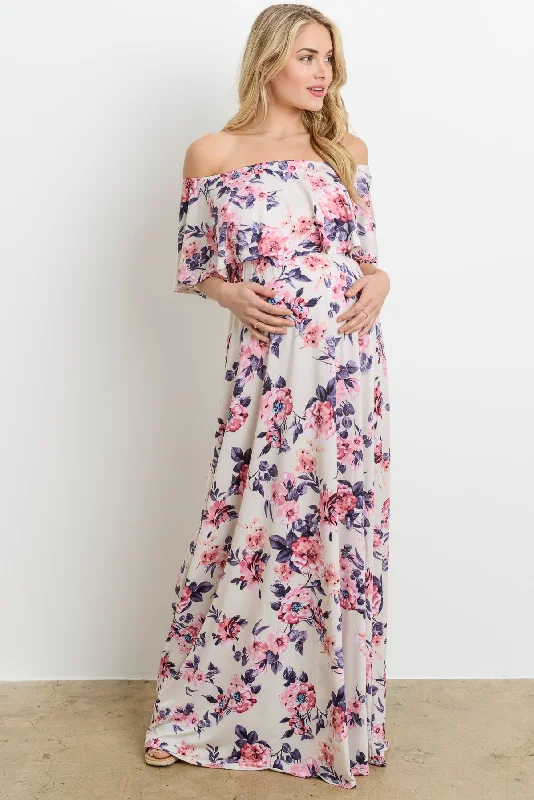 Floral Ruffle Off Shoulder Maternity Maxi Dress