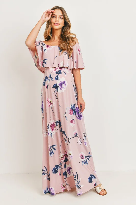 Mauve Floral Off Shoulder Maternity Maxi Dress