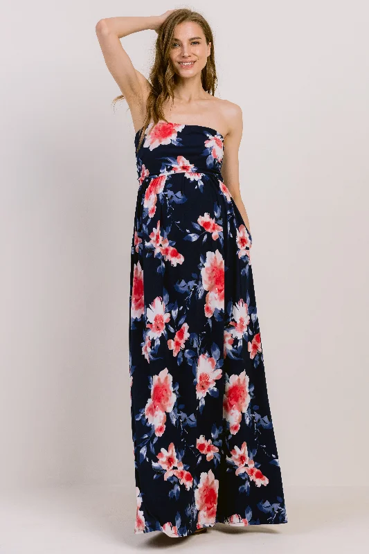 Floral Ruched Tube Top Maternity Maxi Dress