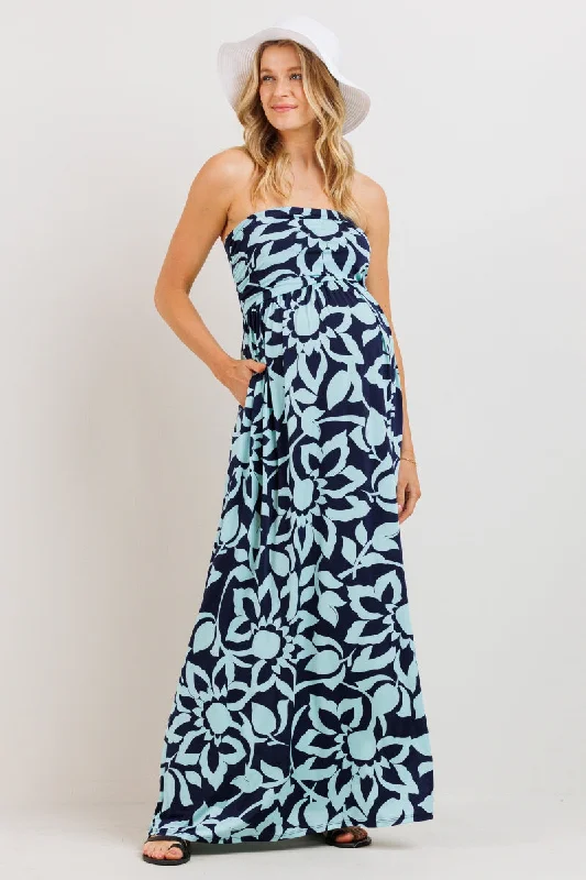 Floral Ruched Tube Top Maternity Maxi Dress