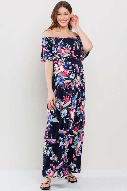 Floral Ruffle Off Shoulder Maxi Maternity Dress