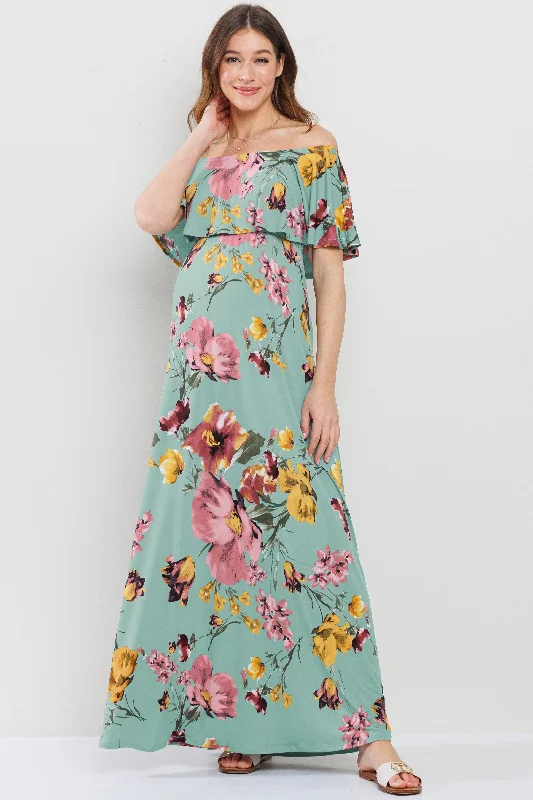 Floral Ruffle Off Shoulder Maxi Maternity Dress