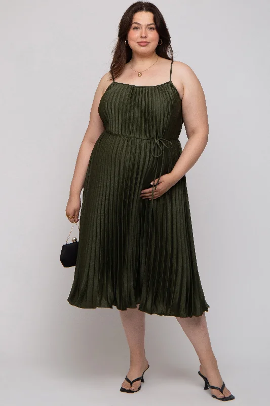 Forest Green Pleated Sleeveless Waist Tie Maternity Plus Maxi Dress