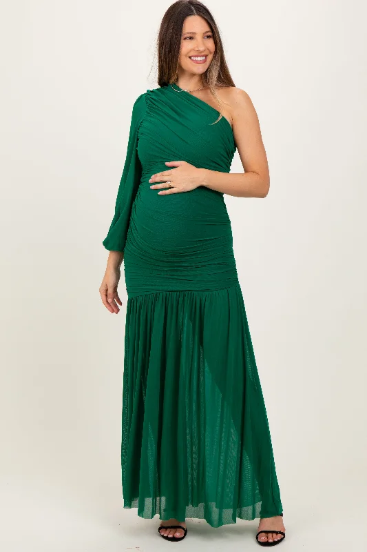 Forest Green Ruched Mesh One Shoulder Asymmetric Maternity Maxi Dress