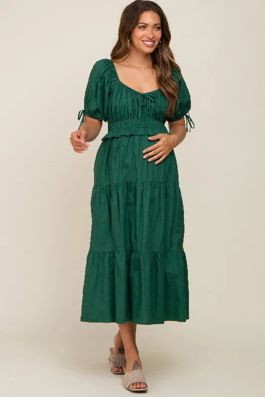 Forest Green Shirred Front Tie Short Sleeve Tiered Maternity Midi Dres