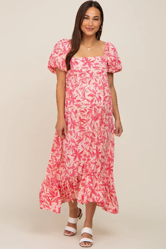 Fuchsia Floral Puff Sleeve Maternity Midi Dress