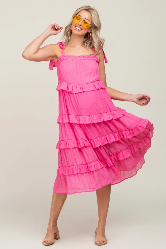 Fuchsia Ruffle Tiered Maternity Midi Dress