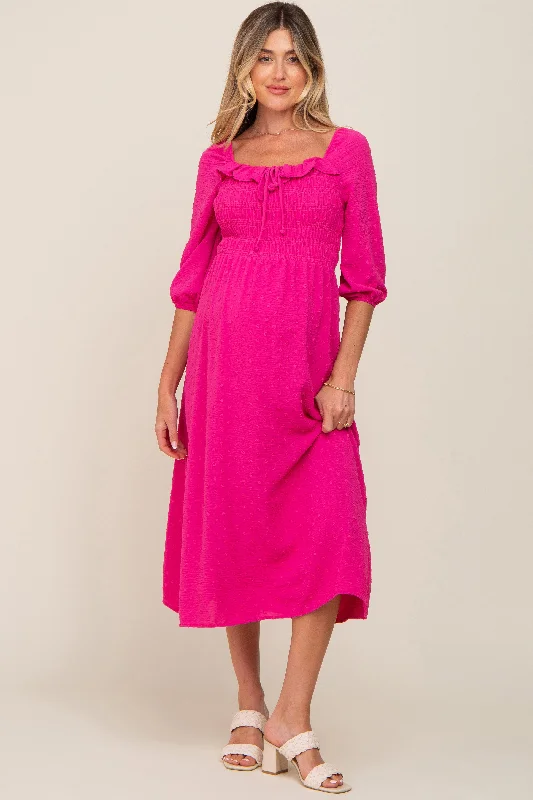 Fuchsia Swiss Dot 3/4 Sleeve Maternity Midi Dress