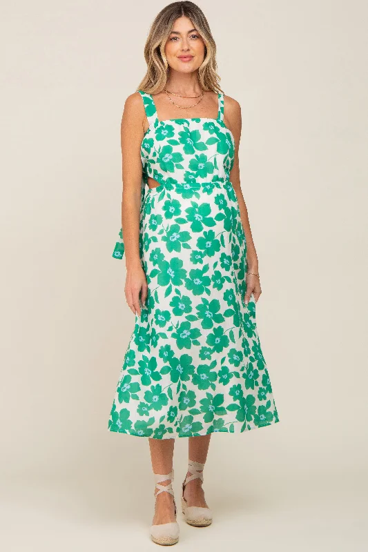 Green Floral Linen Square Neck Open Back Maternity Midi Dress