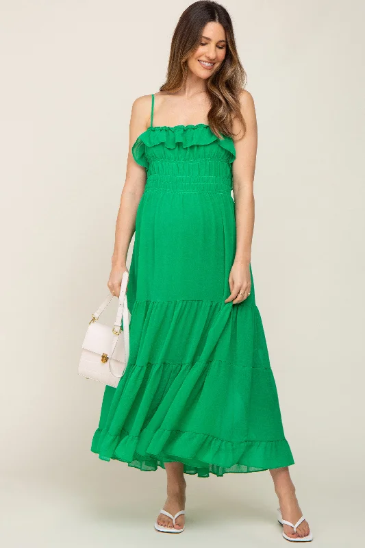 Green Shirred Ruffle Maternity Midi Dress