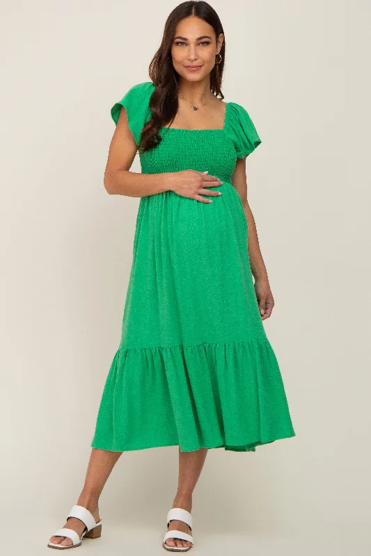 Green Smocked Ruffle Hem Maternity Midi Dress