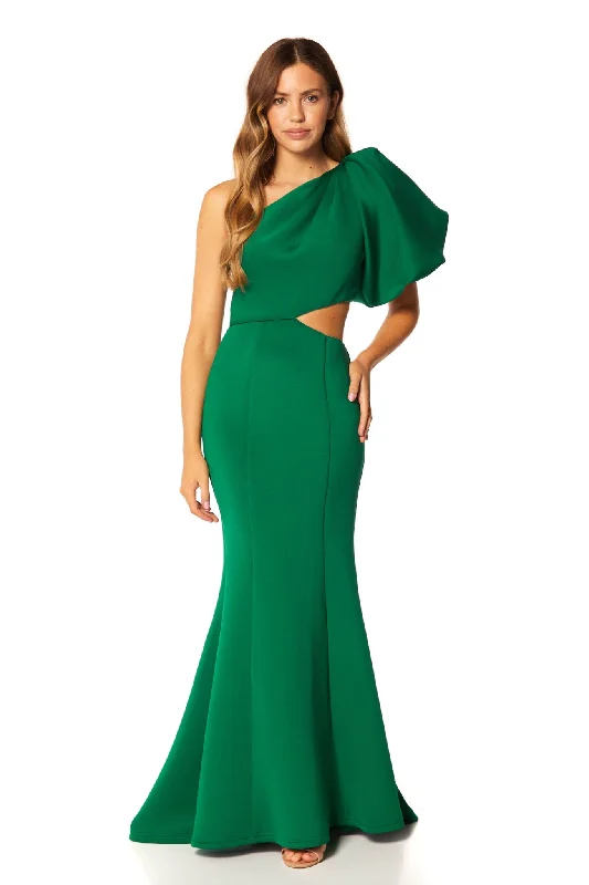 Jacinda One Shoulder Exaggerated  Puff Sleeve Scuba Maxi Dress