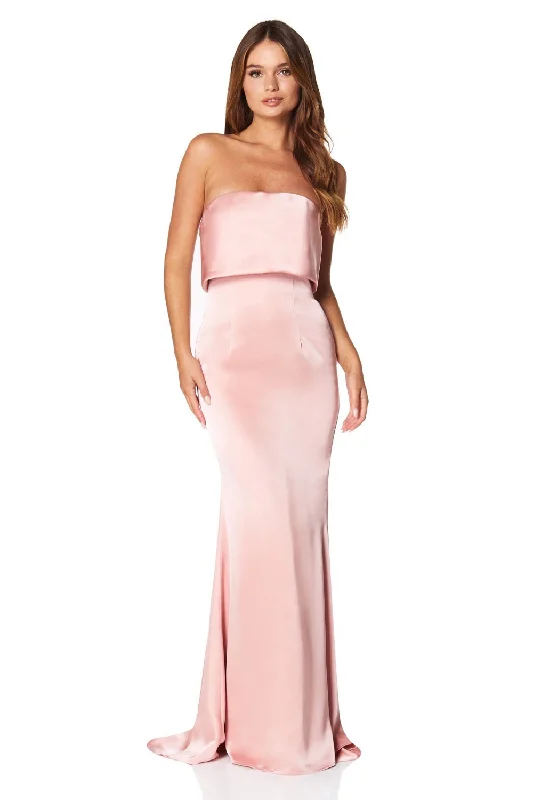 Jetaime Strapless Maxi Dress with Overlay and Button Back Detail