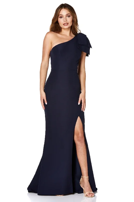 Kayla One Shoulder Bow Detail Maxi Dress with Thigh Split