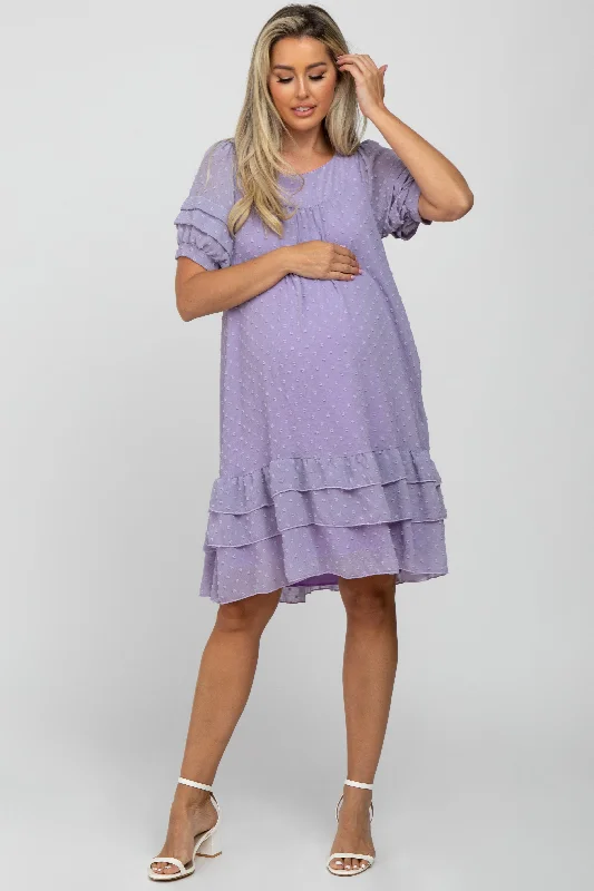 Lavender Chiffon Swiss Dot Ruffle Hem Maternity Midi Dress