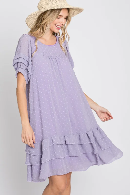 Lavender Chiffon Swiss Dot Ruffle Hem Midi Dress