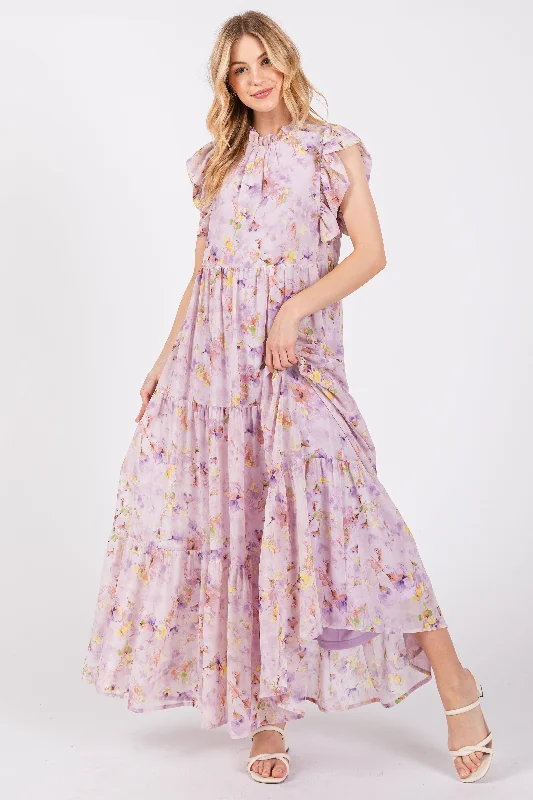 Lavender Floral Chiffon Ruffle Shoulder Tiered Maxi Dress